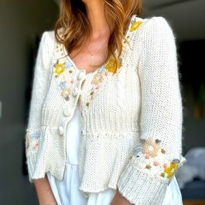 Anthro Knit Embroider Sweater Embellish Beads Lace Appliqué Charming Cottage